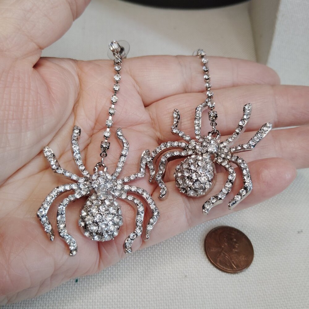Rhinestone Spider Dangle Earrings Silver Tone 3.5 Inch Drop